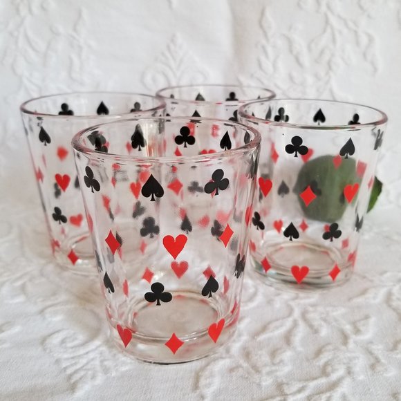 Vintage Set of 4 Glass Tumblers Playing Card Suits Cocktail Glasses - Picture 2 of 3